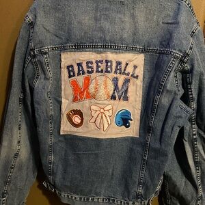 Hand designed women’s denim jacket, baseball themed, size L